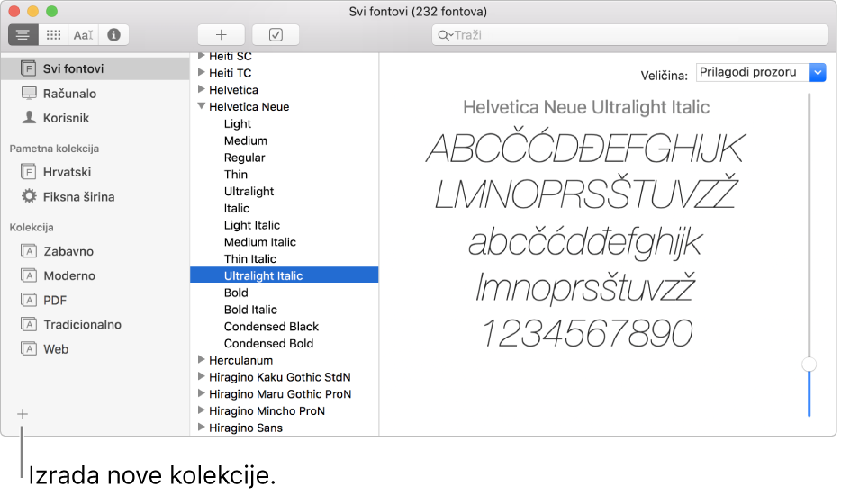 Prozor Knjiga fontova koji prikazuje tipku Dodaj u donjem lijevom kutu za izradu nove kolekcije, smart kolekcije ili medijateke.