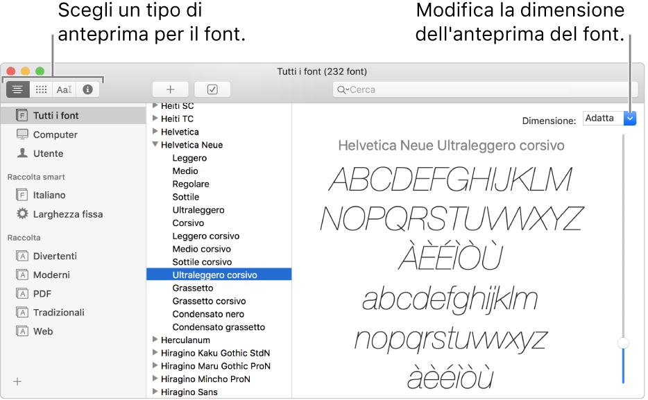 La finestra di Libro Font, con i pulsanti in alto a sinistra per scegliere il tipo di anteprima font e un cursore verticale sulla destra per cambiare le dimensioni dell'anteprima.