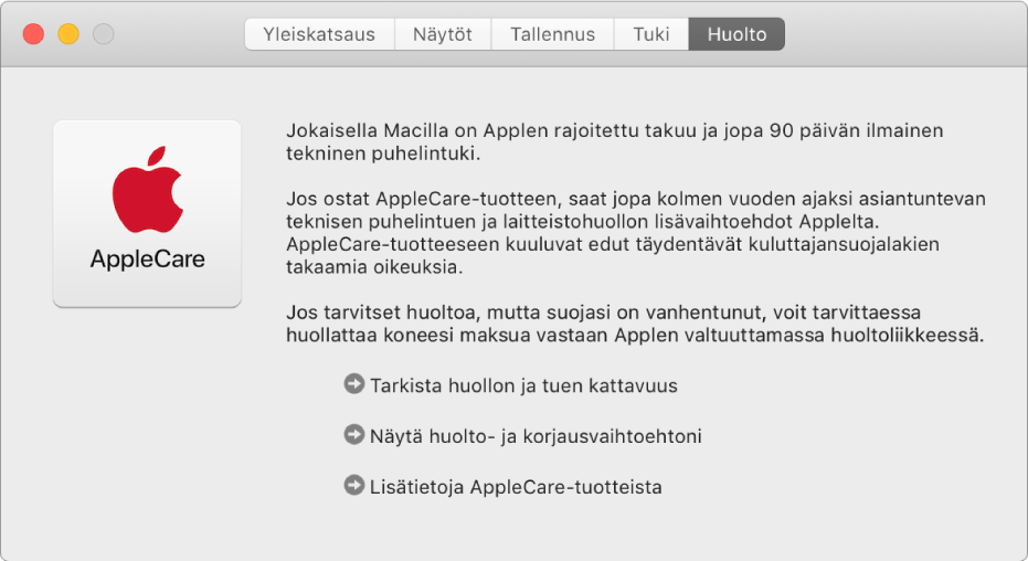 Järjestelmän tietojen Huolto-osio, jossa näkyy AppleCare-huoltovaihtoehdot.