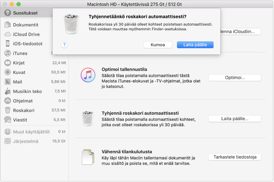 ”Tyhjennetäänkö roskakori automaattisesti” -valintaikkuna tallennustilasuositusten ikkunassa.