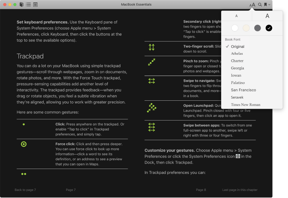 A book with a customised appearance and the Appearance menu showing the selected text size, background colour and font.