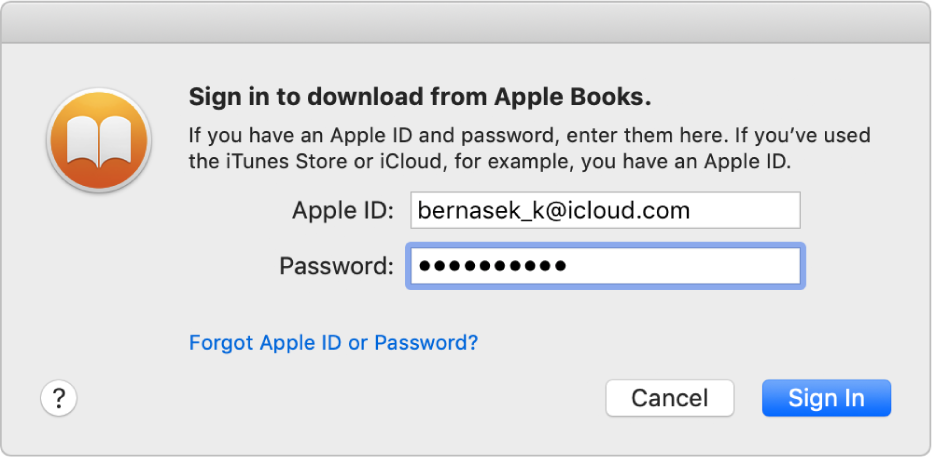 The dialogue to sign in using an Apple ID and password.