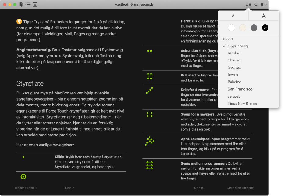 En bok med tilpasset utseende og Utseende-menyen som viser valgt tekststørrelse, bakgrunnsfarge og font.