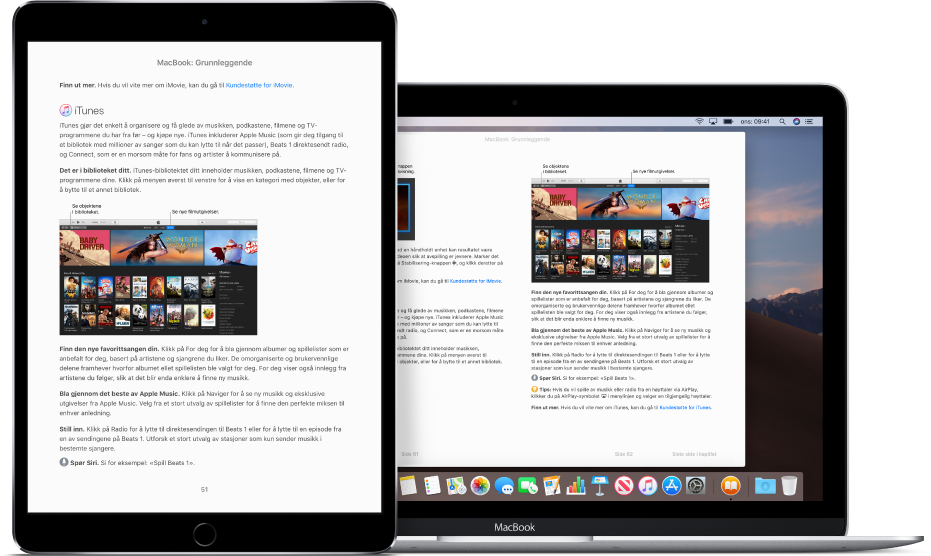 En bok som viser samme siden i Bøker på en iPad og en Mac.