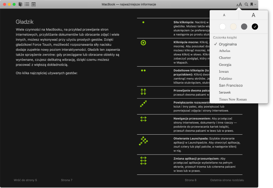 Książka książka z własnym wyglądem oraz menu Wygląd wraz z zaznaczoną wielkością czcionki, kolorem tła i czcionką.