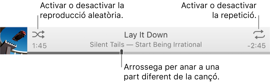 La cinta amb una cançó en reproducció. El botó Aleatori a la cantonada superior esquerra i el botó Repetir a la cantonada superior dreta. Arrossega el control lliscant per anar a una part diferent de la cançó.