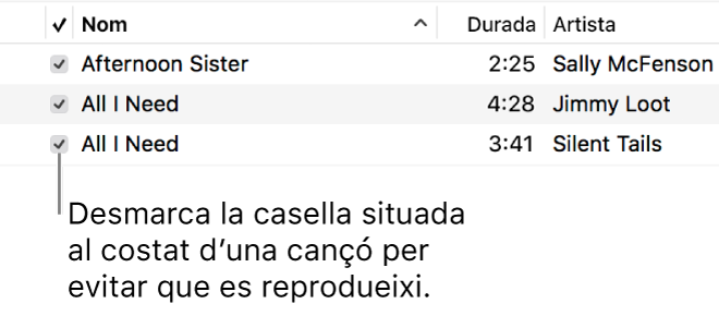 Detall de la visualització Cançons a la música, on es mostren les caselles (a l’esquerra). Desmarca la casella que hi ha al costat d’una cançó perquè no es reprodueixi.