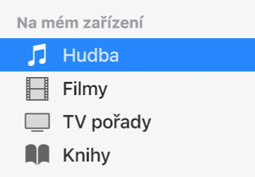 Sekce „Na mém zařízení“ na bočním panelu s vybranou volbou Hudba