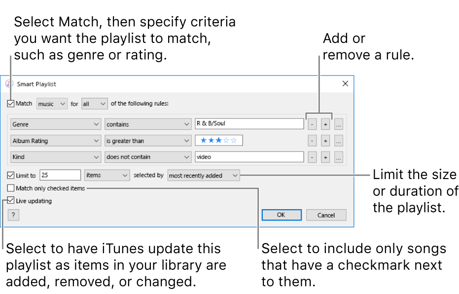 The Smart Playlist window: In the upper-left corner, select Match, then specify the playlist criteria (such as genre or rating). Continue to add or remove rules by clicking the Add or Remove buttons in the upper-right corner. Select various options in the lower portion of the window such as limiting the size or duration of the playlist, including only songs that are ticked or having iTunes update the playlist as items in your library change.