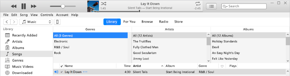 The iTunes main window: The column browser appears to the right of the sidebar and above the list of songs.