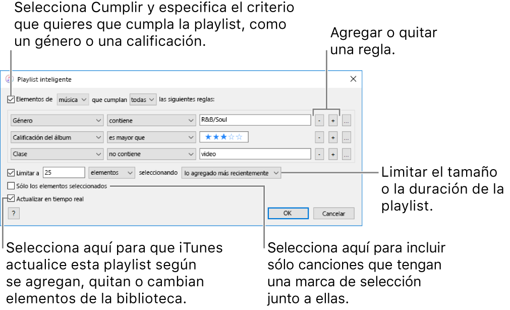 La ventana playlists inteligentes: en la esquina superior izquierda, selecciona Cumplir y especifica los criterios de la playlist (por ejemplo, un género o calificación). Continúa agregando o eliminando reglas haciendo clic en los botones Agregar o Eliminar en la esquina superior derecha. Selecciona varias opciones en el área inferior de la ventana, por ejemplo, puedes limitar el tamaño o la duración de la playlist, incluir sólo las canciones seleccionadas o hacer que iTunes actualice la playlist como elementos en tu cambio de biblioteca.