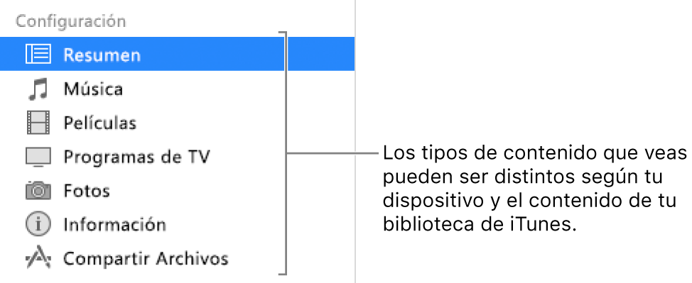 La opción Resumen está seleccionada en la barra lateral de la izquierda. Los tipos de contenido que aparecen pueden variar dependiendo de tu dispositivo y del contenido de tu biblioteca de iTunes.