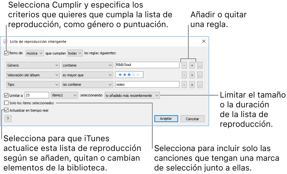 La ventana de “Lista de reproducción inteligente”: en la esquina superior derecha, selecciona “Ítems de” y especifica los criterios de la lista (como el género o la valoración). Sigue añadiendo o eliminando reglas haciendo clic en los botones Añadir o Eliminar de la esquina superior derecha. Selecciona varias opciones en la parte inferior de la ventana, como limitar el tamaño o la duración de la lista, incluir solo canciones seleccionadas o hacer que iTunes actualice la lista a medida que cambian los ítems de la biblioteca.