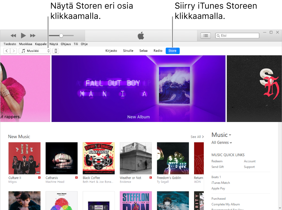 iTunes Storen pääikkuna: Store on korostettu selauspalkissa. Vasemmassa yläkulmassa voit valita, millaista Storen sisältöä (kuten musiikkia tai TV-ohjelmia) haluat tarkastella.