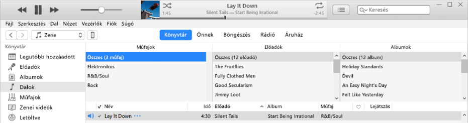 Az iTunes fő ablaka: Az oszlopböngésző az oldalsáv jobb oldalán és a dalok listája felett jelenik meg.