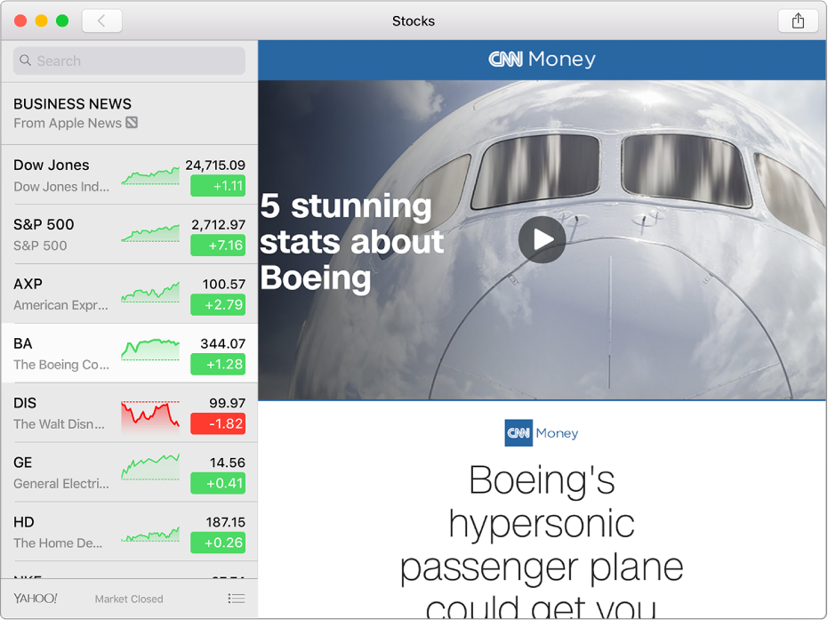 A Stocks window showing a news article.