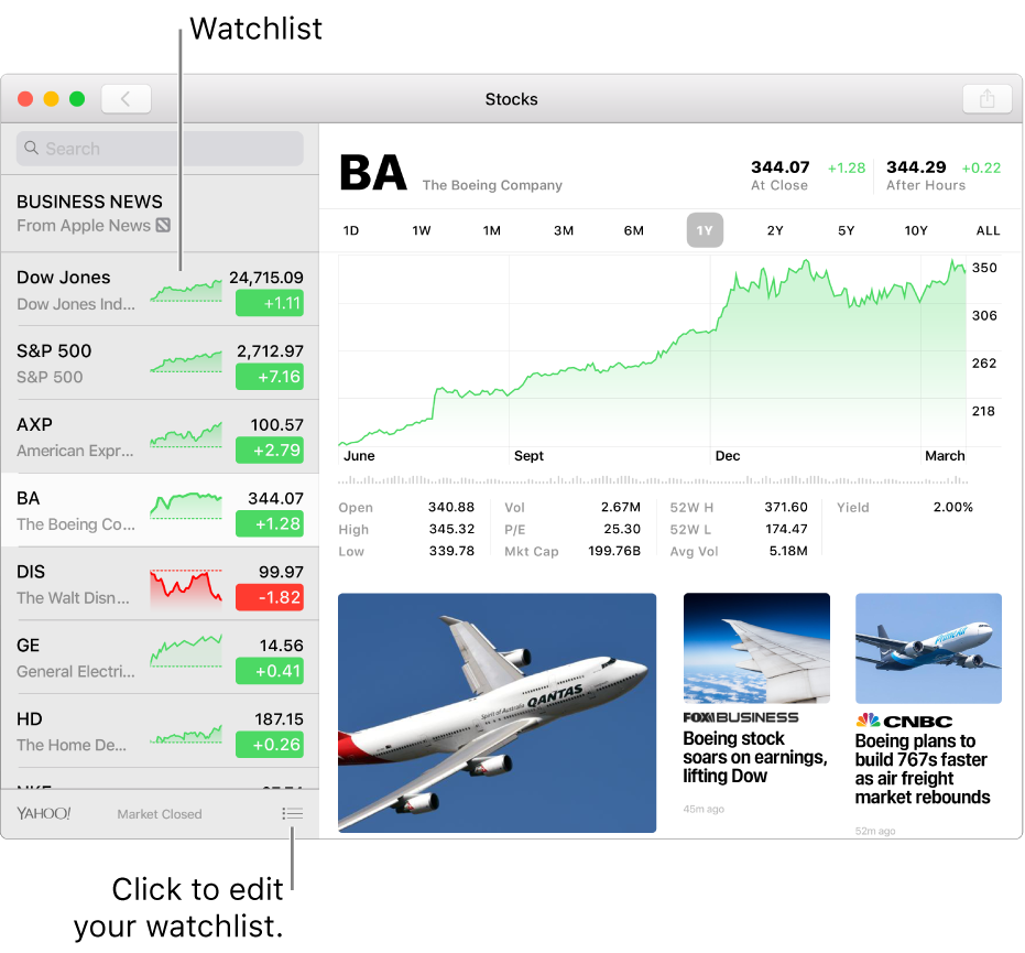 A Stocks window showing the watchlist on the left with one ticker symbol selected, and the corresponding chart and news feed in the right pane.