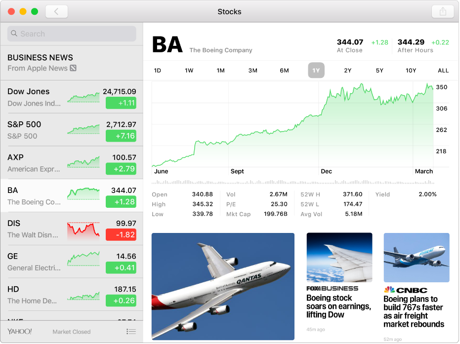 A Stocks window, showing the watchlist on the left, a chart in the upper right, and news headlines in the lower right.