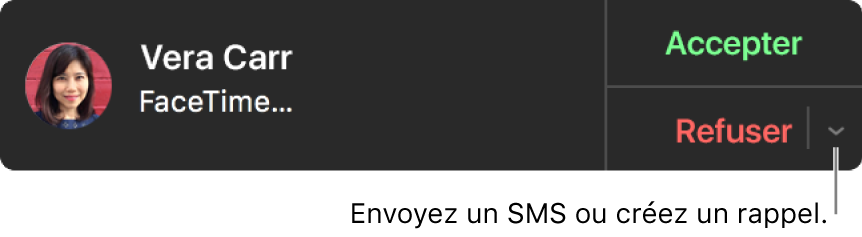 Cliquez sur la flèche en regard de Refuser dans la notification pour envoyer un message texte ou créer un rappel.