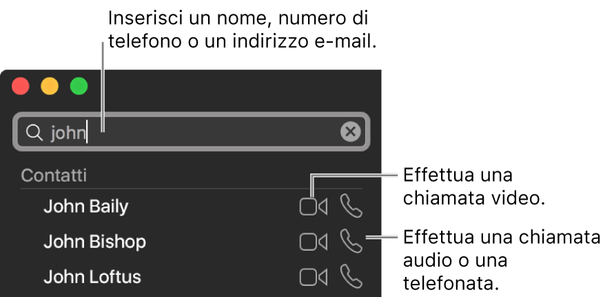 Inserisci un nome, numero di telefono o indirizzo e-mail nella barra di ricerca. Fai clic sul pulsante Video per effettuare una chiamata FaceTime video. Fai clic sul pulsante Audio per effettuare una telefonata o una chiamata FaceTime audio.