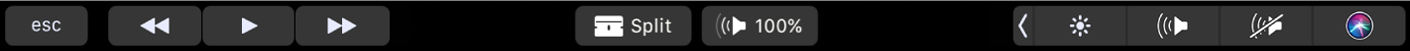 الـ Touch Bar الخاص بتطبيق iMovie أثناء تشغيل مقطع. توجد أزرار للإرجاع، والتشغيل، والتقديم السريع، والتقسيم، ومستوى الصوت.