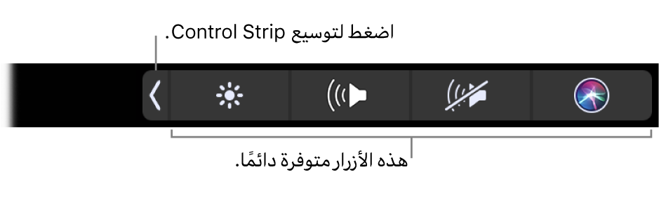 جزء من الشاشة الافتراضية لـ Touch Bar، ويظهر به الـ Control Strip المضغوط. اضغط على زر التوسيع لعرض الـ Control Strip بالكامل.