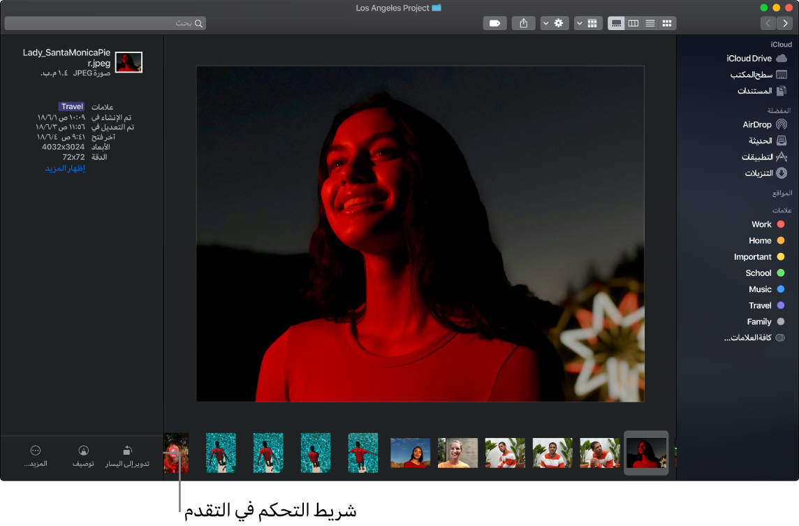 نافذة Finder مفتوحة في عرض المعرض وتظهر فيها صورة كبيرة وأسفلها صف من الصور الصغيرة، وهو شريط التحكم في التقدم. وتظهر على يسار شريط التحكم في التقدم عناصر تحكم للتدوير والتوصيف والمزيد.