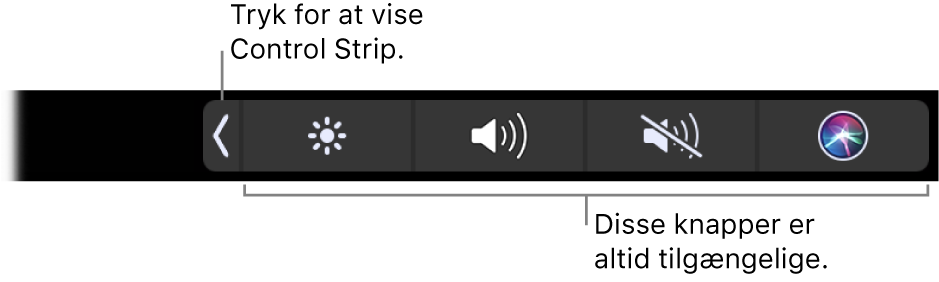 Et billede af en del af en Touch Bar (standard), som viser den komprimerede Control Strip. Tryk på udvidknappen for at se hele Control Strip.