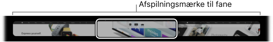 Afspilningsmærket til fane på Touch Bar til Safari. Afspilningsmærket viser et lille eksempel fra hver fane, som er åben.