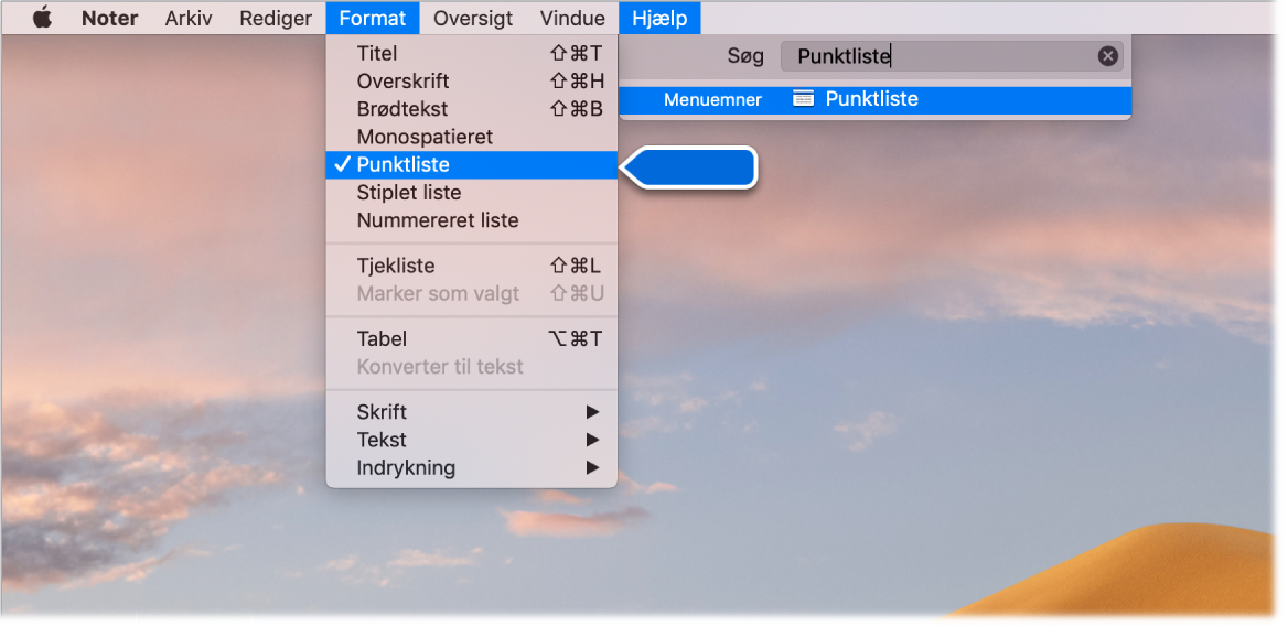 Hjælpemenu, der viser en søgning efter "liste" med kommandoen Punktliste markeret på listen med resultater og på Formatmenuen.