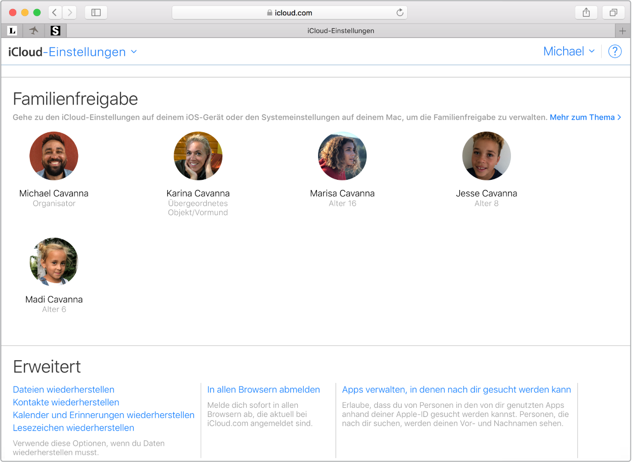 Safari-Fenster mit den Einstellungen „Familienfreigabe“ auf iCloud.com