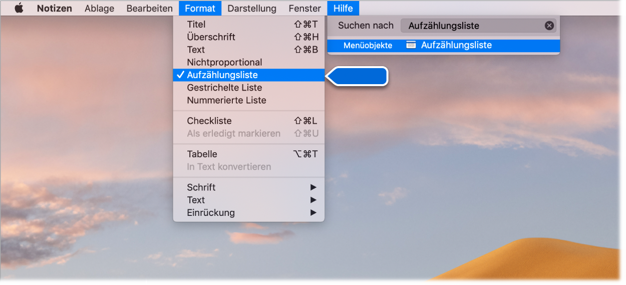 Menü „Hilfe“ mit einer Suche nach „Liste“. Der Befehl „Aufzählungsliste“ ist in der Ergebnisliste im Menü „Format“ hervorgehoben.