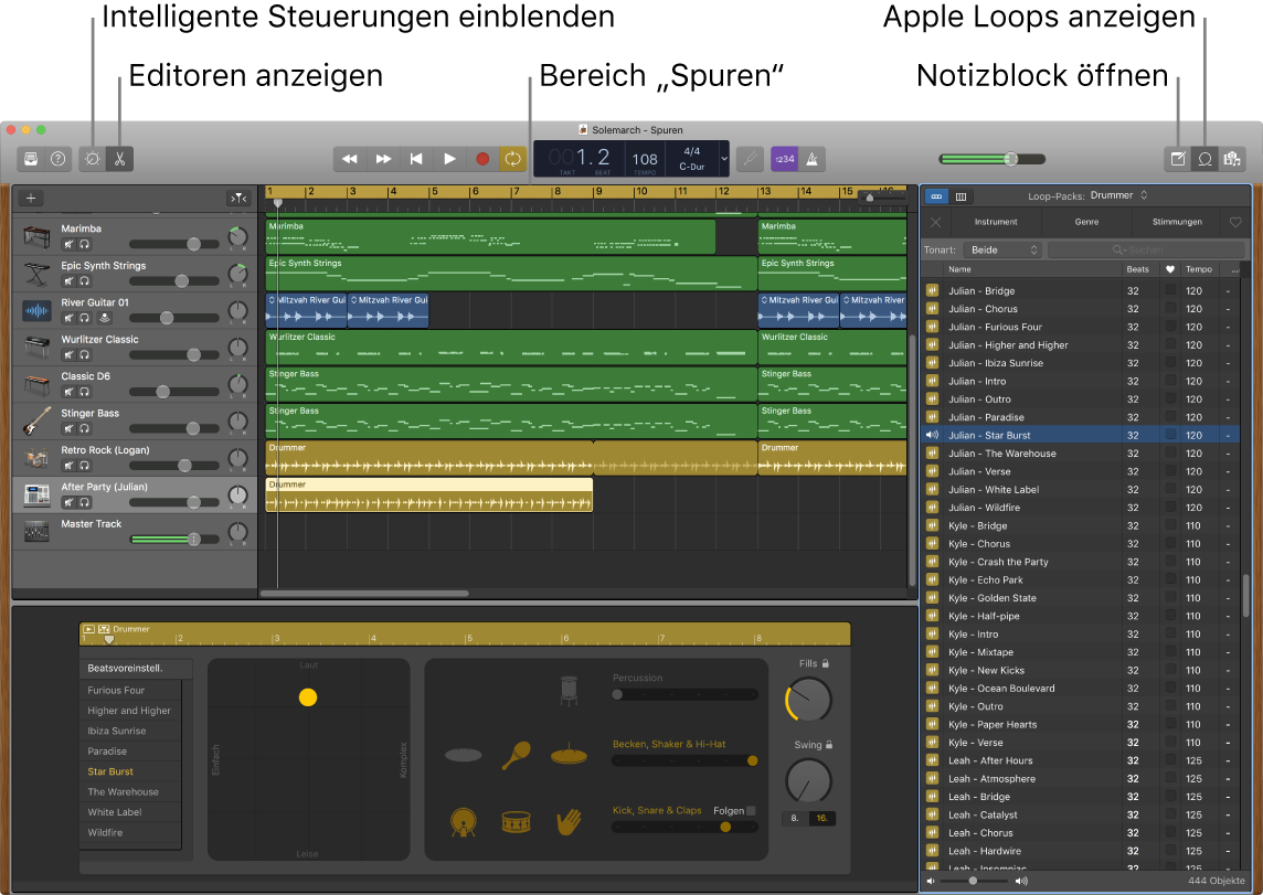 GarageBand-Fenster mit Tasten für den Zugriff auf Smart Controls, Editoren, Notizen und Apple Loops Außerdem ist die Spuranzeige zu sehen