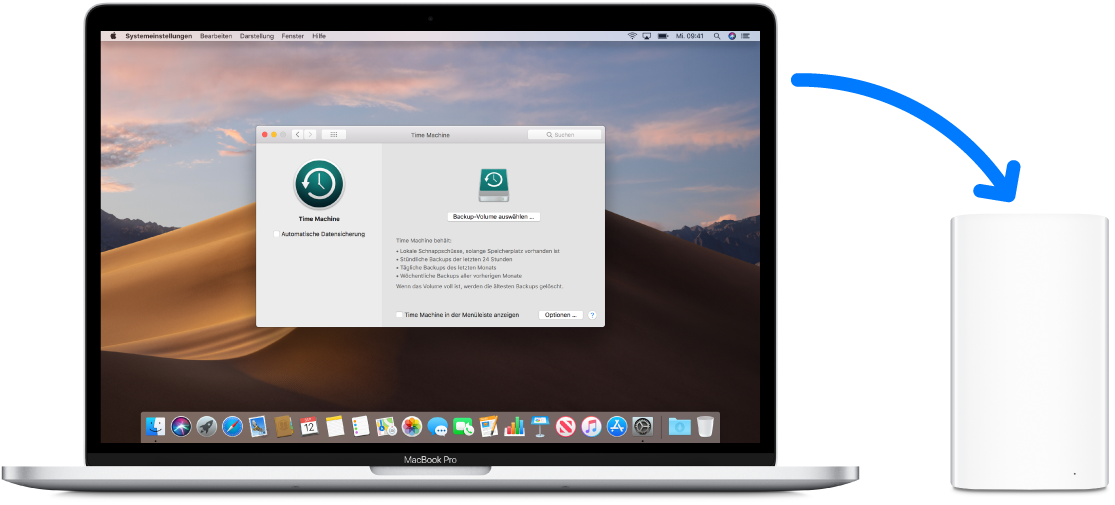 MacBook Pro-Bildschirm mit Time Machine-Backup-Fenster Das MacBook Pro ist drahtlos mit einer AirPort Time Capsule verbunden.