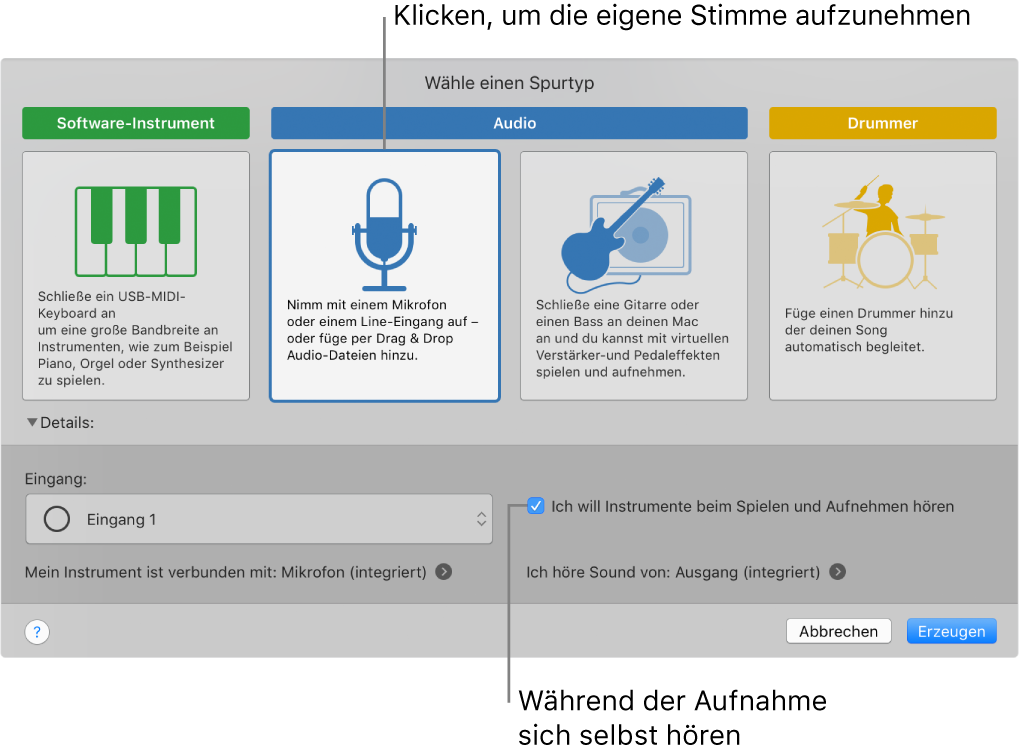 GarageBand-Instrumentbereich mit Taste zur Stimmaufzeichnung und Wiedergabe während der Aufnahme