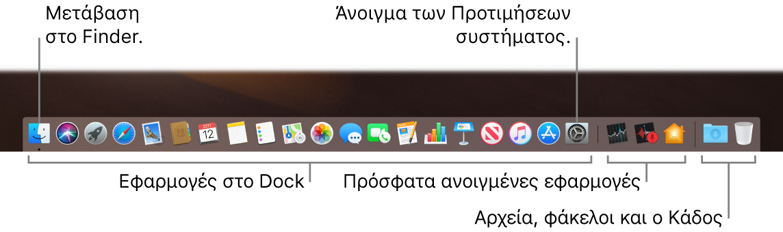 Το Dock, στο οποίο φαίνεται το Finder, οι Προτιμήσεις συστήματος και η γραμμή στο Dock που διαχωρίζει τις εφαρμογές από τα αρχεία και τους φακέλους.