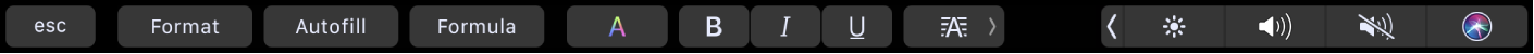 The Numbers Touch Bar with buttons for Format, Autofill, and Formula. There are also text formatting buttons for color, bold, italics, underline, and alignment.