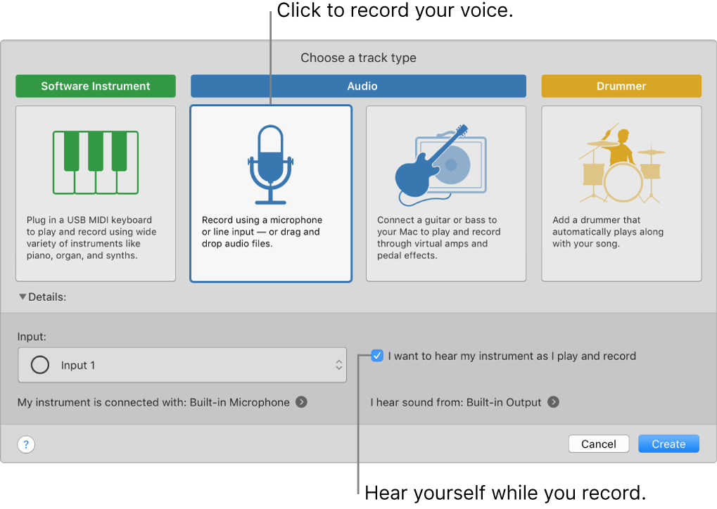 GarageBand instrument panel showing where to click to record a voice and how to hear yourself when you record.