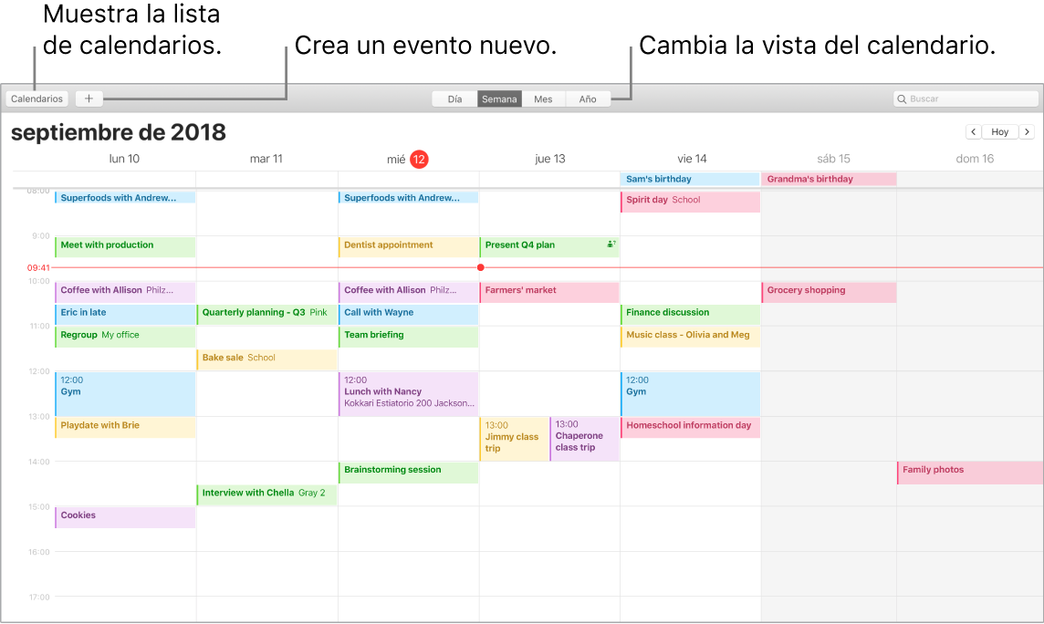 Ventana de Calendario mostrando cómo crear un evento, mostrar la lista de calendarios y seleccionar la vista por días, semanas, meses o años.