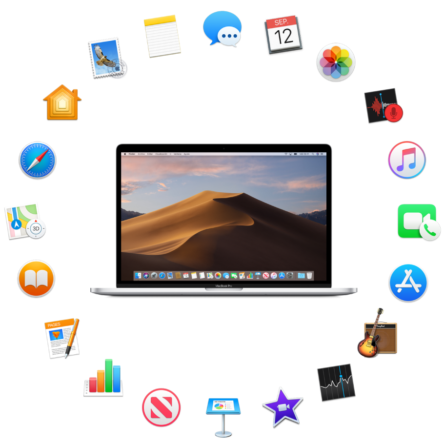 Una MacBook Pro rodeada de íconos de las apps pre-instaladas y que se describen en las siguientes secciones.