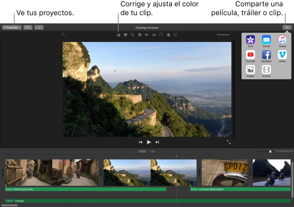 Ventana de iMovie mostrando los botones para ver proyectos, corregir y ajustar el color, y compartir una película, tráiler o clip de video.