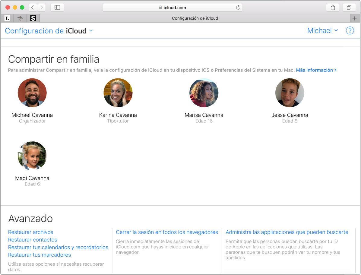 Ventana de Safari mostrando la configuración de "Compartir en familia" en iCloud.com.