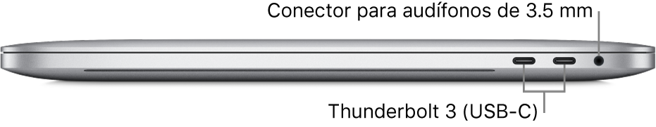 Vista lateral derecha de una MacBook Pro con textos que indican los dos puertos Thunderbolt 3 (USB-C) y la entrada para audífonos de 3.5 mm.