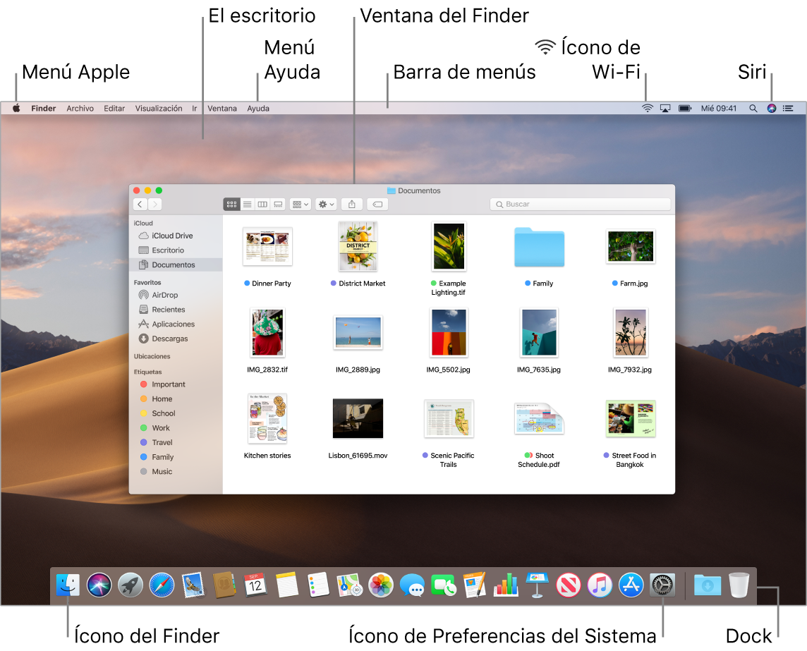 La pantalla de una Mac mostrando el menú Apple, el escritorio, el menú Ayuda, una ventana del Finder, la barra de menús, el ícono de Wi-Fi, el ícono de Pedirle a Siri, el ícono del Finder, el ícono de Preferencias del Sistema y el Dock.