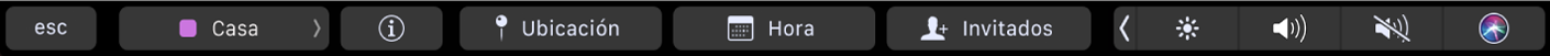 Touch Bar de Calendario con los botones para seleccionar calendarios, ver los detalles de los eventos, editar la ubicación o la hora, y agregar invitados.