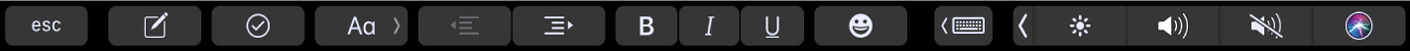 La Touch Bar de Notas con botones de formato de texto. Los controles de formato incluyen opciones para alinear a la derecha y a la izquierda, poner en negrita y cursiva, y subrayar. También hay un botón para mostrar las sugerencias de escritura.