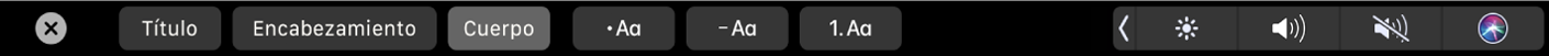 La Touch Bar de Notas con botones para establecer estilos de párrafos que incluyen Título, Encabezamiento y Cuerpo, así como botones relacionados con las opciones de listas, que incluyen viñetas, guiones y números.