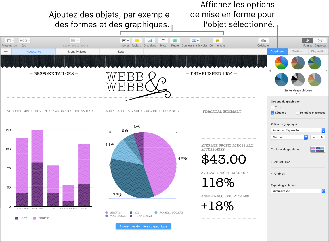 Fenêtre de Numbers avec des légendes pour les catégories d’objets que vous pouvez ajouter et les options de mise en forme d’objets.