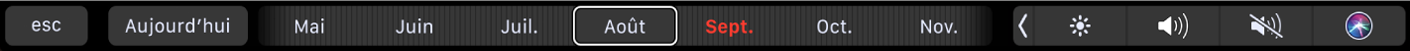 Touch Bar de Calendrier avec le bouton Aujourd’hui et un curseur pour sélectionner un mois.