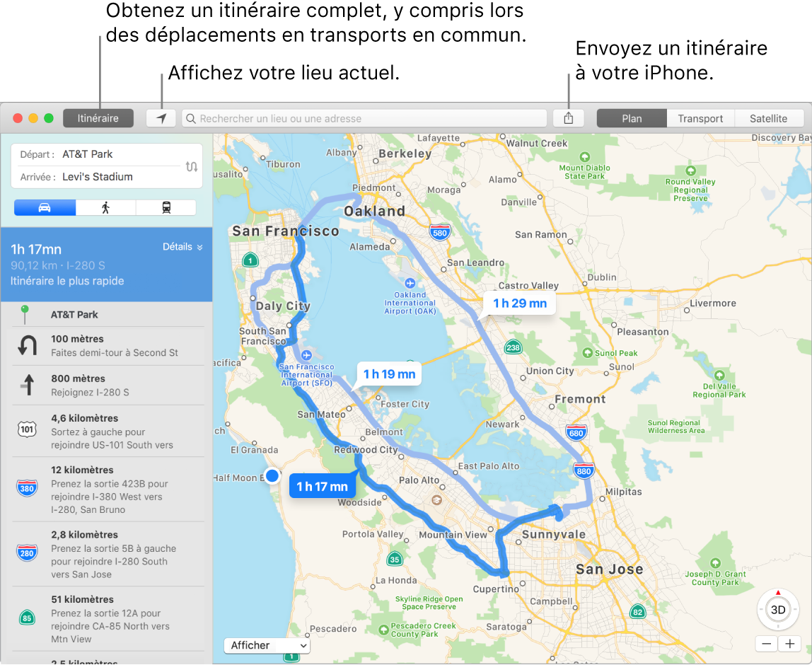 Fenêtre de Plans indiquant comment obtenir un itinéraire en cliquant sur Itinéraire en haut à gauche et envoyer l’itinéraire à un iPhone à l’aide du bouton Partager.